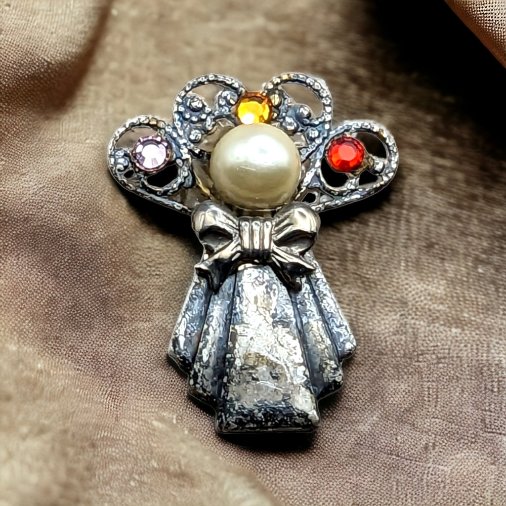 Angel With Bow Vintage Hat Lapel Pin Brooch Silver Tone Multi Color Rhinestones